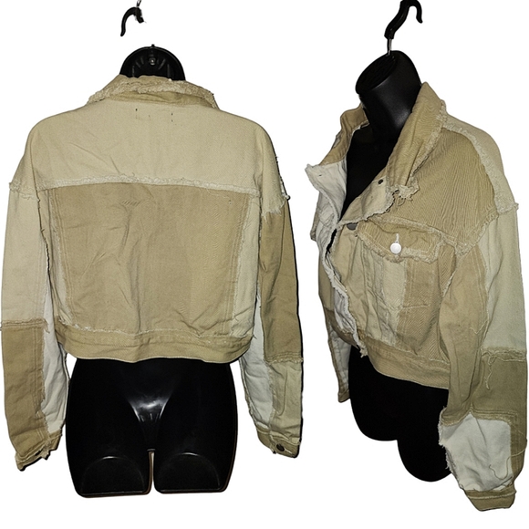 ☆Akira Cream & Tan Patch Distressed Jacket☆ - Picture 3 of 3